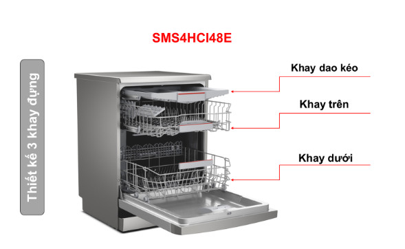 Máy rửa bát Bosch SMS4HCI48E được thiết kế với 3 giàn rửa chén bát