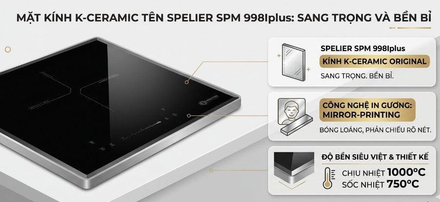 Bề mặt bếp từ Spelier SPM 998Iplus dùng kính K-Ceramic Original vát 4 cạnh
