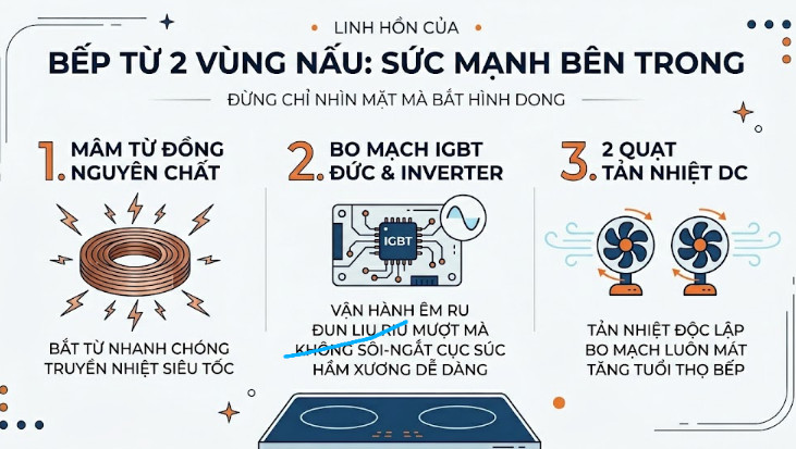 mâm từ đồng, bo mạch IGBT kết hợp công nghệ Inverter