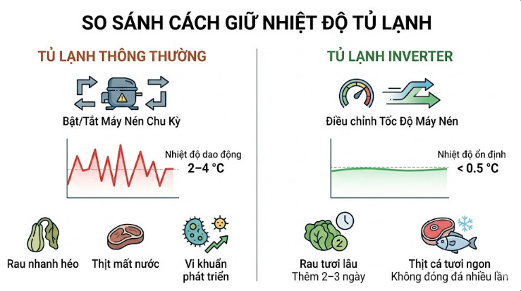 Tủ lạnh thông thường duy trì nhiệt độ bằng cách bật tắt máy nén