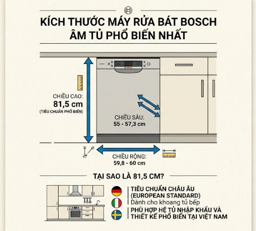 Kích thước máy rửa bát Bosch âm tủ phổ biến nhất