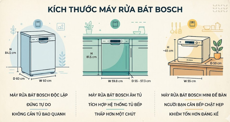 Không Phải Tất Cả Máy Rửa Bát Bosch Đều Chung Một Kích Thước