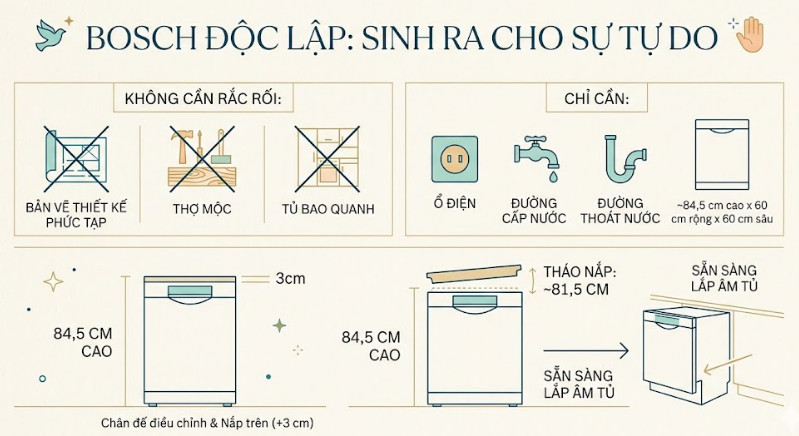 Máy rửa bát Bosch độc lập sinh ra cho những ai muốn sự tự do