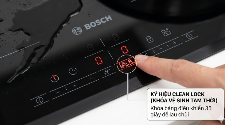 Ký hiệu Clean Lock (Khóa vệ sinh tạm thời) trên bếp từ Bosch