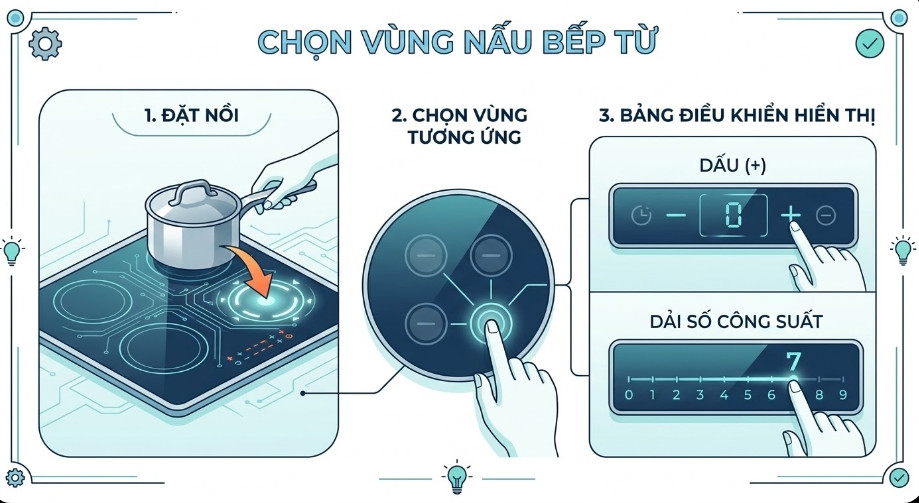chọn vùng nấu tương ứng với vị trí mâm từ