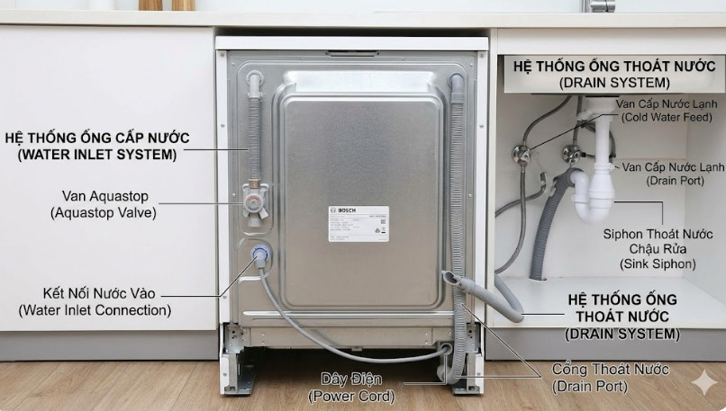Hệ Thống Ống Cấp và Thoát Nước (Mặt Sau) Máy rửa bát Bosch