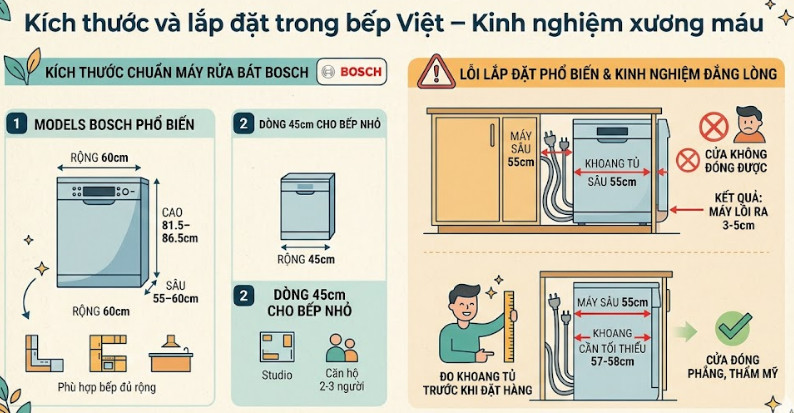 Kích thước và lắp đặt trong bếp Việt