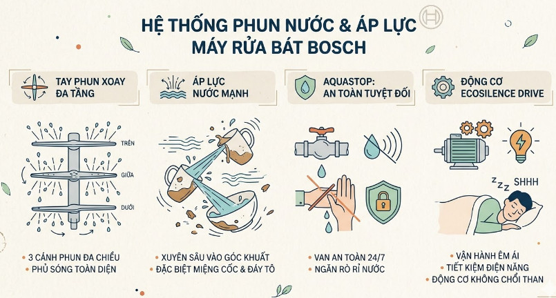 Máy rửa bát Bosch sử dụng hệ thống tay phun xoay đa tầng