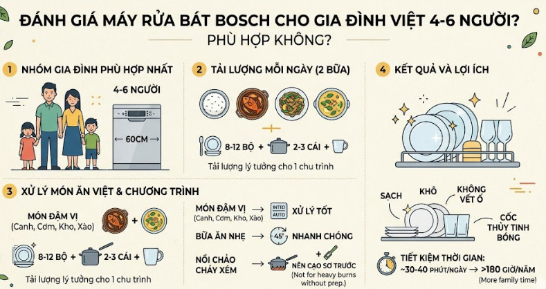 Đánh giá máy rửa bát Bosch có phù hợp gia đình Việt 4–6 người
