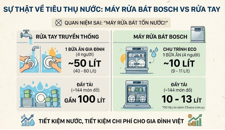 Đánh giá máy rửa bát Bosch về tiêu thụ nước