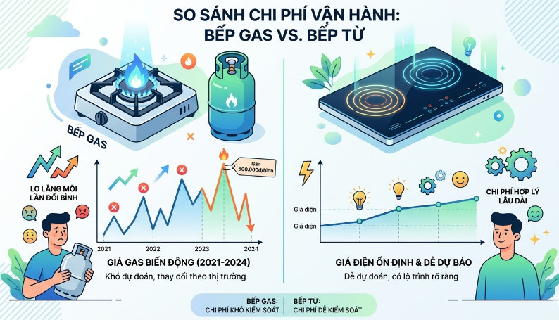 so sánh chi phí vận hành giữa bếp gas và bếp từ