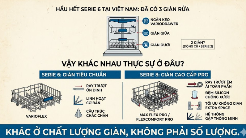 Hầu hết máy rửa bát Bosch Serie 6 hiện bán tại Việt Nam đều có 3 giàn rửa