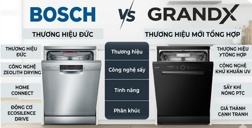 So sánh máy rửa bát Bosch và Grandx