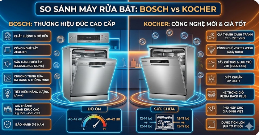So sánh máy rửa bát Bosch và Máy rửa bát Kocher