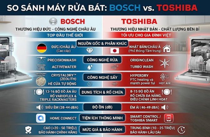 So sánh máy rửa bát Bosch và máy rửa bát Toshiba