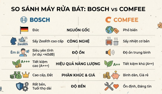 So sánh máy rửa bát Bosch và Máy rửa bát Comfee
