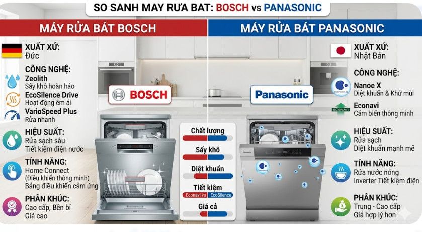 So sánh máy rửa bát Bosch và máy rửa bát Panasonic