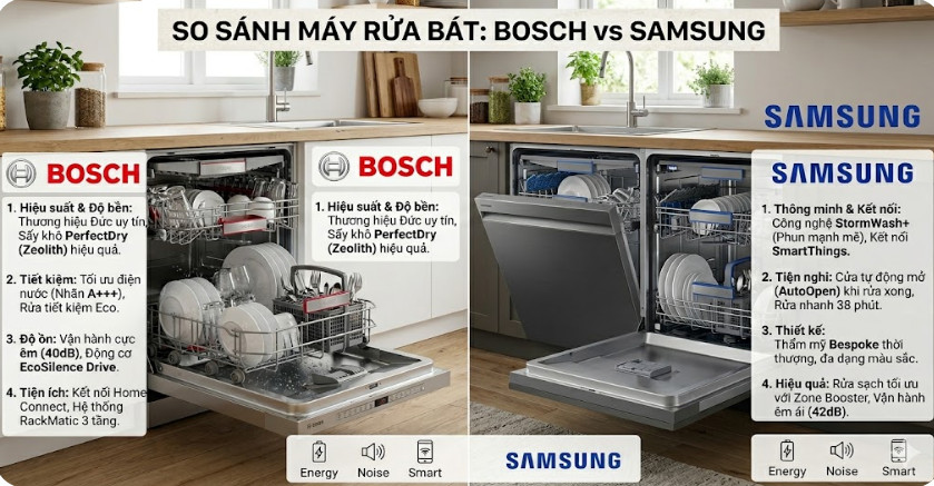 So sánh máy rửa bát Bosch và Máy rửa bát Samsung