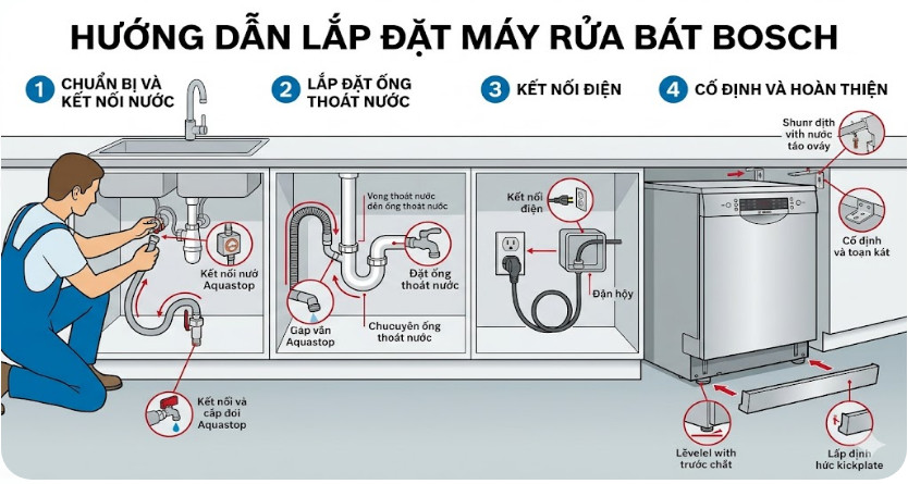 Cách lắp đặt máy rửa bát Bosch