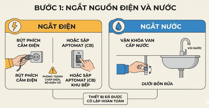 Ngắt nguồn điện và nước