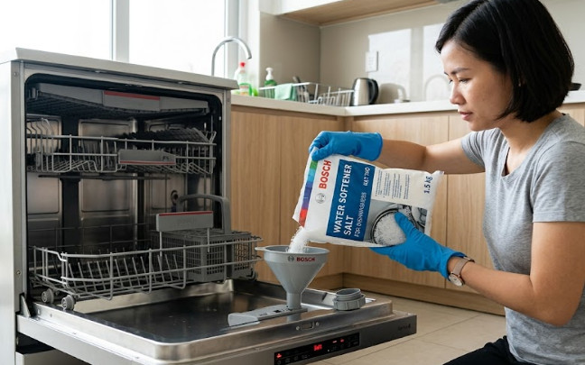 Sử dụng muối làm mềm nước đúng tiêu chuẩn trên máy rửa bát Bosch