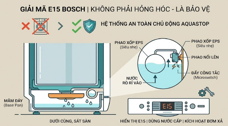 giải thích về mã báo E15 trên máy Bosch
