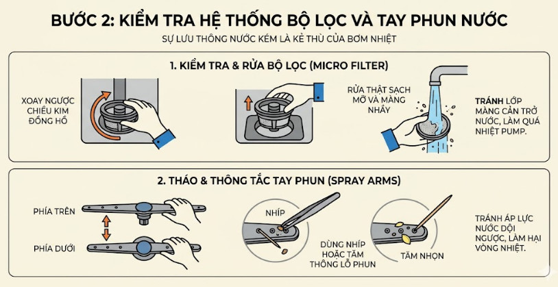 Kiểm tra hệ thống bộ lọc và tay phun nước