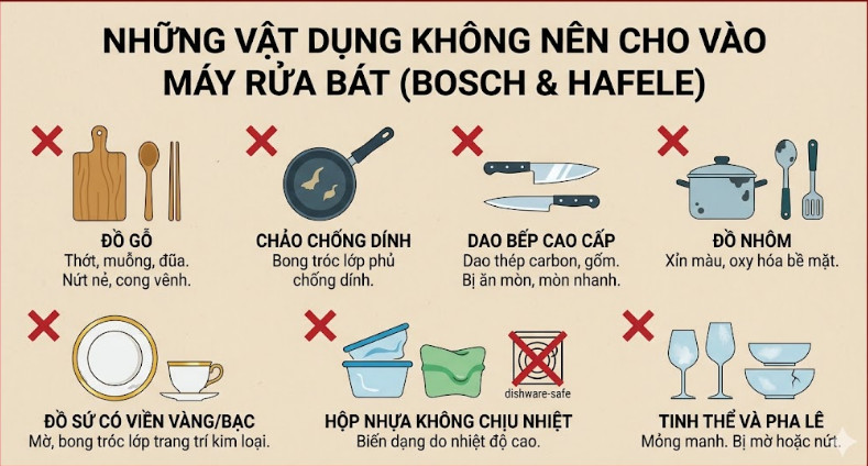 Những Vật Dụng Không Nên Cho Vào Máy Rửa Bát Bosch Và Hafele