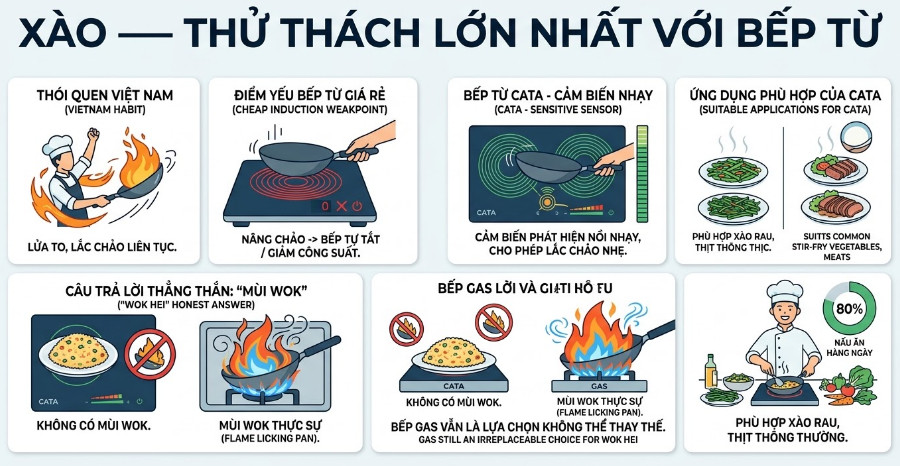 Xào — thử thách lớn nhất với bếp từ