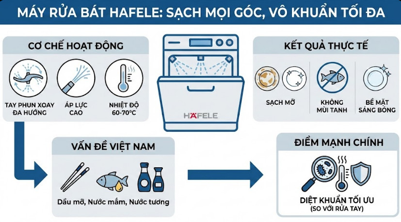 Máy rửa bát Hafele sử dụng hệ thống tay phun xoay