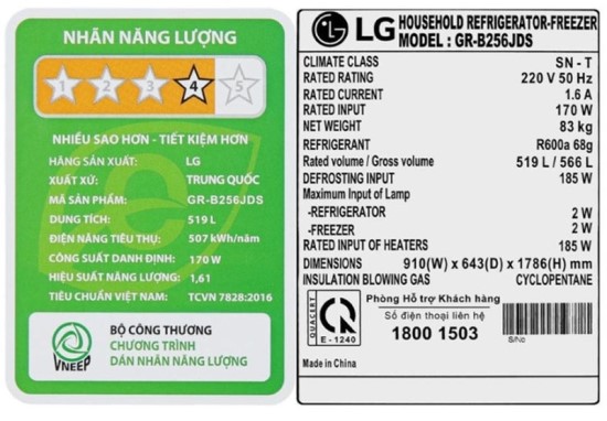 Sử Dụng Nhãn Năng Lượng tủ lạnh