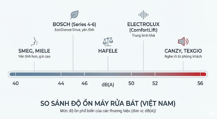 độ ồn phổ biến của một số thương hiệu máy rửa bát phổ biến