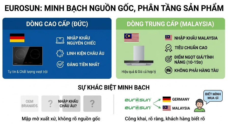 Eurosun phân tầng sản phẩm khá rõ ràng theo xuất xứ