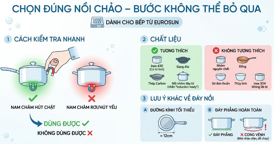 chọn đúng loại nồi chảo phù hợp với bếp từ Eurosun.