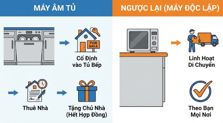 Máy âm tủ, ngược lại, được lắp cố định vào tủ bếp