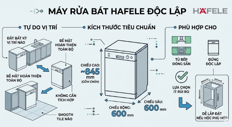 Dòng máy rửa bát Hafele độc lập có thiết kế hoàn thiện toàn bộ bề mặt ngoài