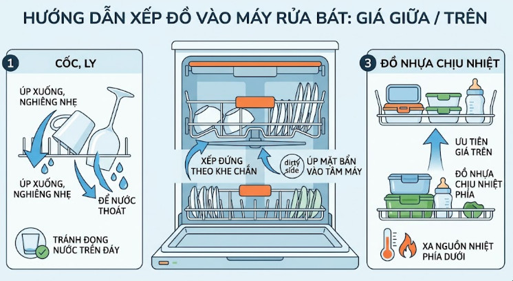 Bát con, đĩa nhỏ xếp đứng theo khe chắn