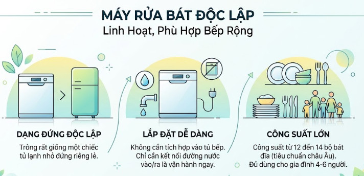 Máy Rửa Bát Độc Lập (Freestanding) — Linh Hoạt, Phù Hợp Bếp Rộng