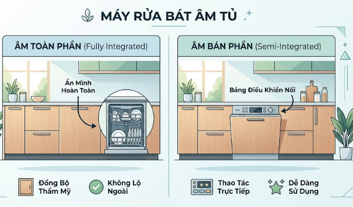 Máy rửa bát âm tủ là dòng máy được tích hợp hoàn toàn vào hệ tủ bếp dưới