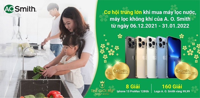 Sắm A.O.Smith - Trúng 160 CHỈ VÀNG SJC 9999 CÙNG IPHONE 13 PROMAX