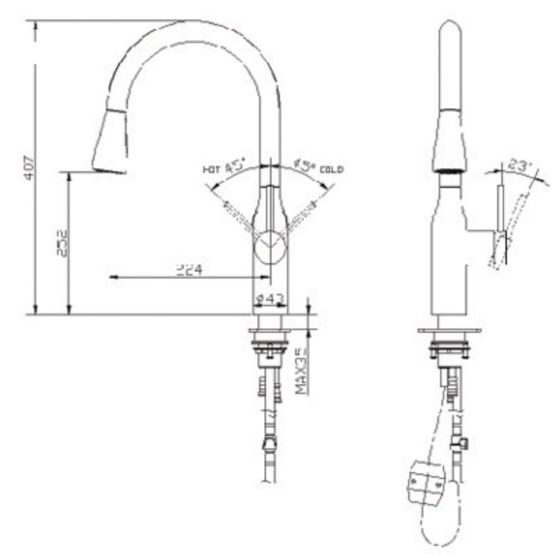 Kích thước vòi rửa bát nóng lạnh Paul Schmitt PA320KS có dây rút