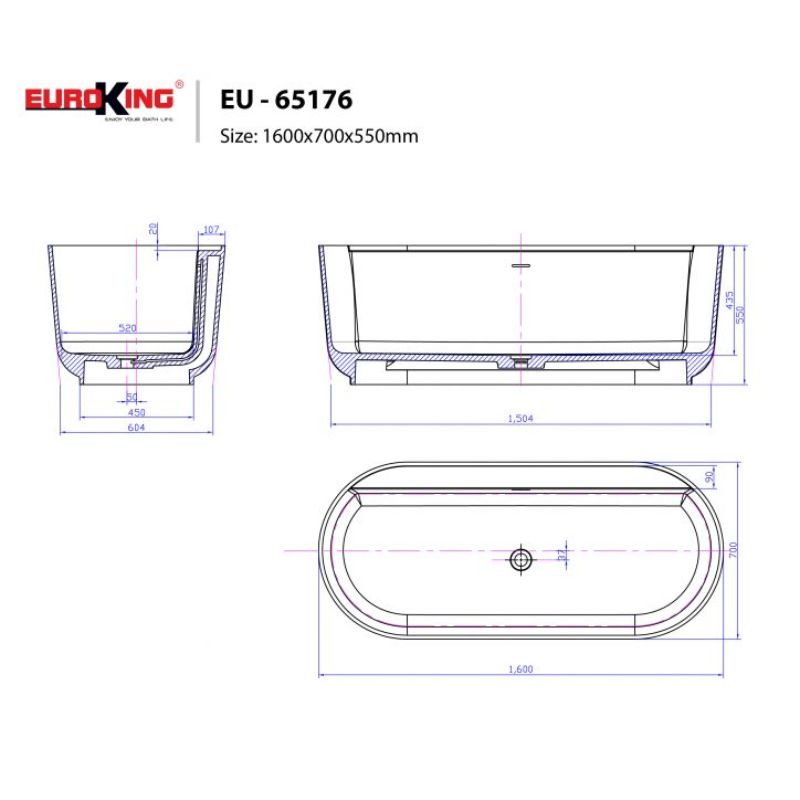 BỒN TẮM EUROKING KHÔNG MASSAGE EU-65176 WHITE
