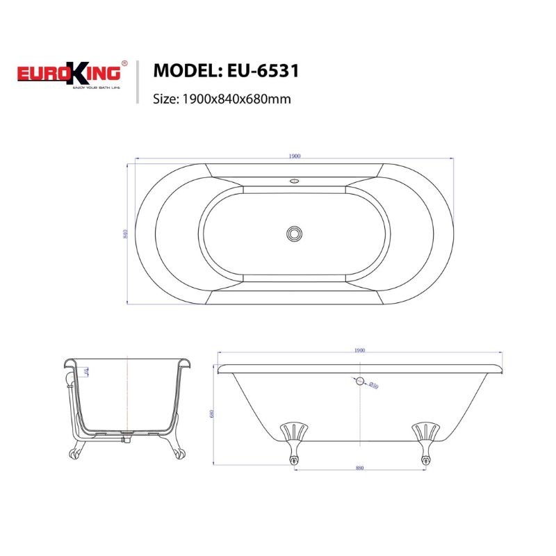 BỒN TẮM TULIP EUROKING KHÔNG MASSAGE EU-6531BÓNG/NHÁM