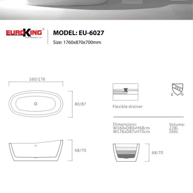 BỒN TẮM EUROKING KHÔNG MASSAGE EU-6027 WHITE