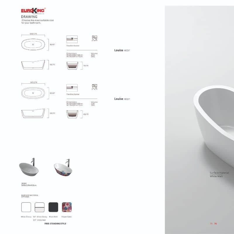 BỒN TẮM LOUISE EUROKING KHÔNG MASSAGE EU-6037 WHITE