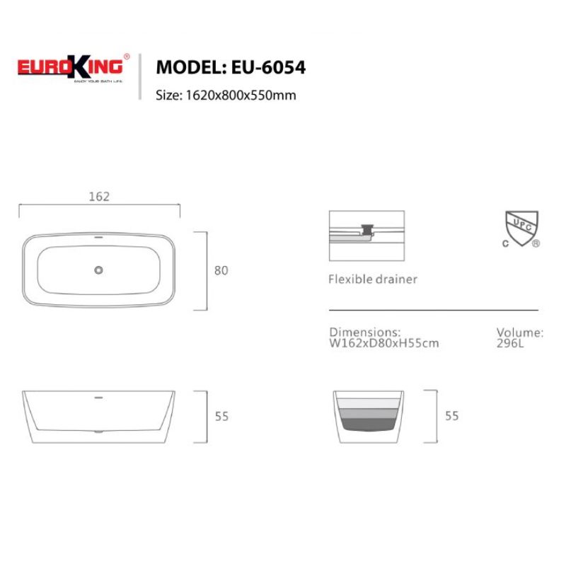 BỒN TẮM EUROKING KHÔNG MASSAGE EU-6054 NÂU/XÁM