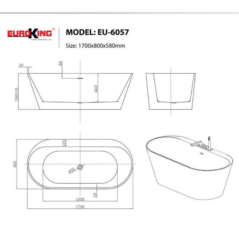 BỒN TẮM EUROKING KHÔNG MASSAGE EU-6057 NÂU/XÁM