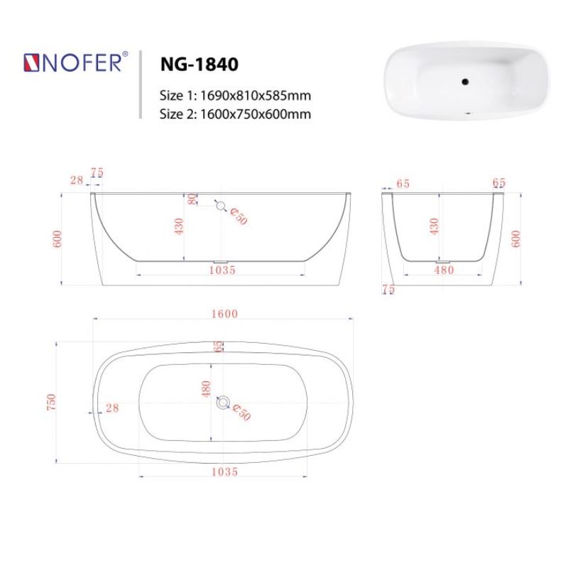 BỒN TẮM EUROKING KHÔNG MASSAGE NG-1840-1690 PLUS