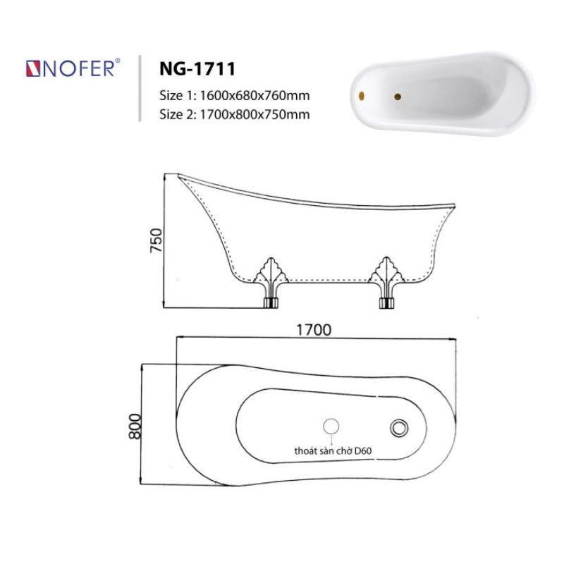 BỒN TẮM EUROKING KHÔNG MASSAGE NG-1711-1700(WHITE+GOLD)
