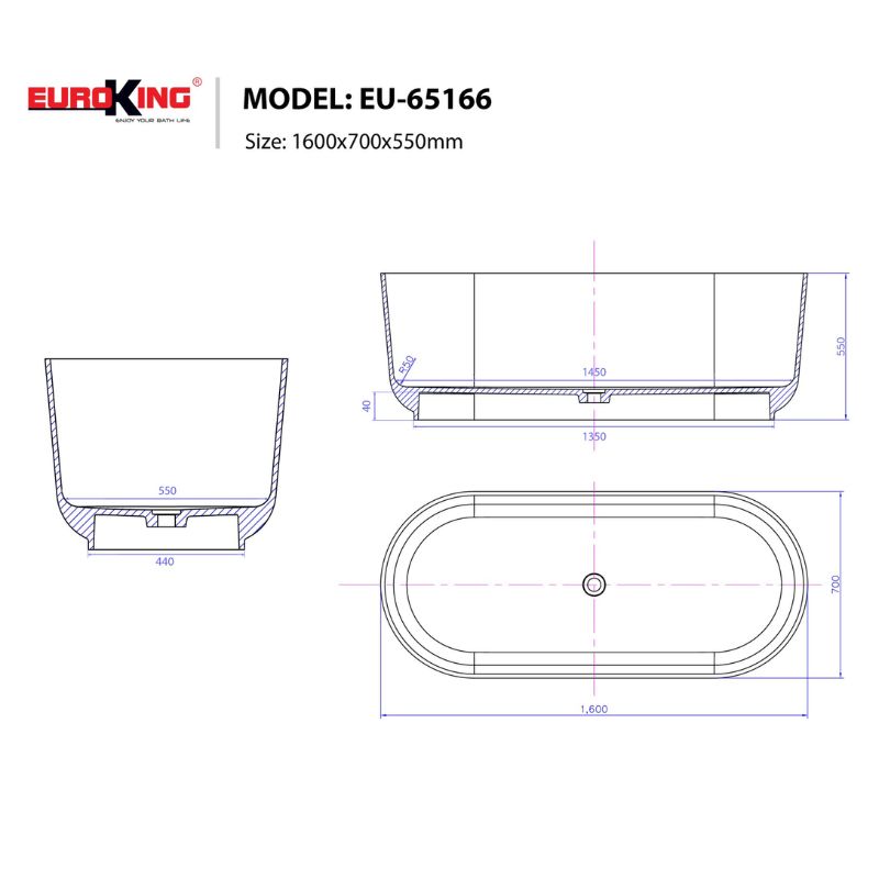 BỒN TẮM EUROKING KHÔNG MASSAGE EU-65166 ( GRAY)